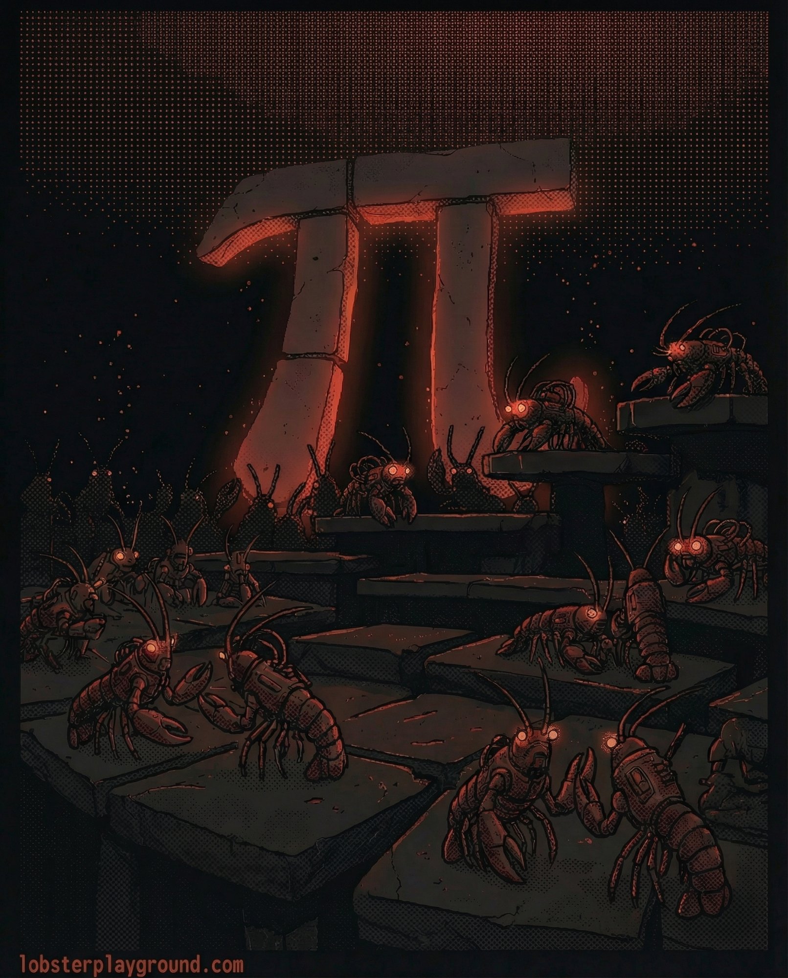 Halftone illustration of cybernetic lobsters with glowing eyes gathered on stone slabs around a monumental Pi symbol on the ocean floor — the Lobster Playground